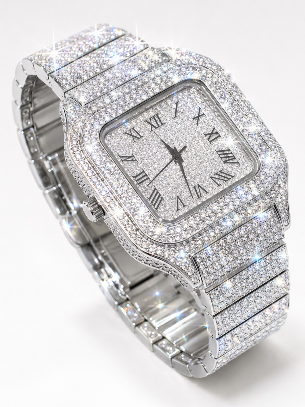 Men's Silver Pavé Crystal Bracelet Watch - Luxury Dress Timepiece